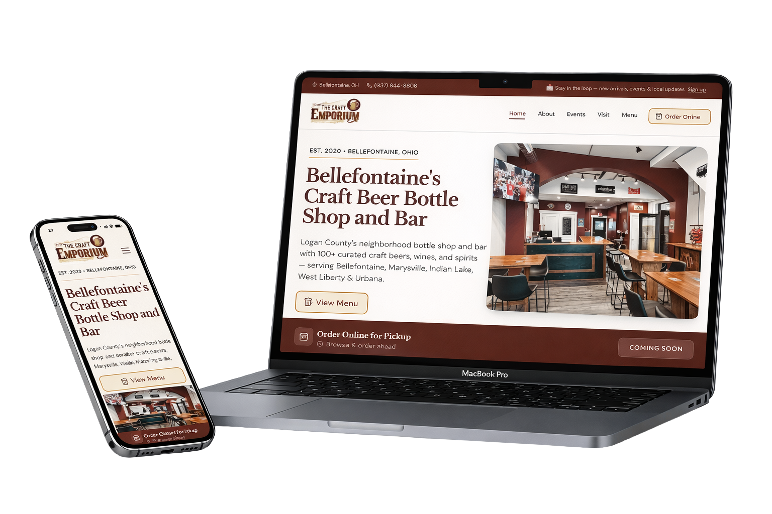 The Craft Emporium website shown on laptop and mobile — Bellefontaine's craft beer bottle shop